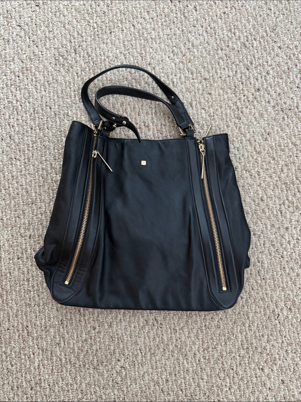 Pour La Victoire Black Leather Tote with Gold Zippers